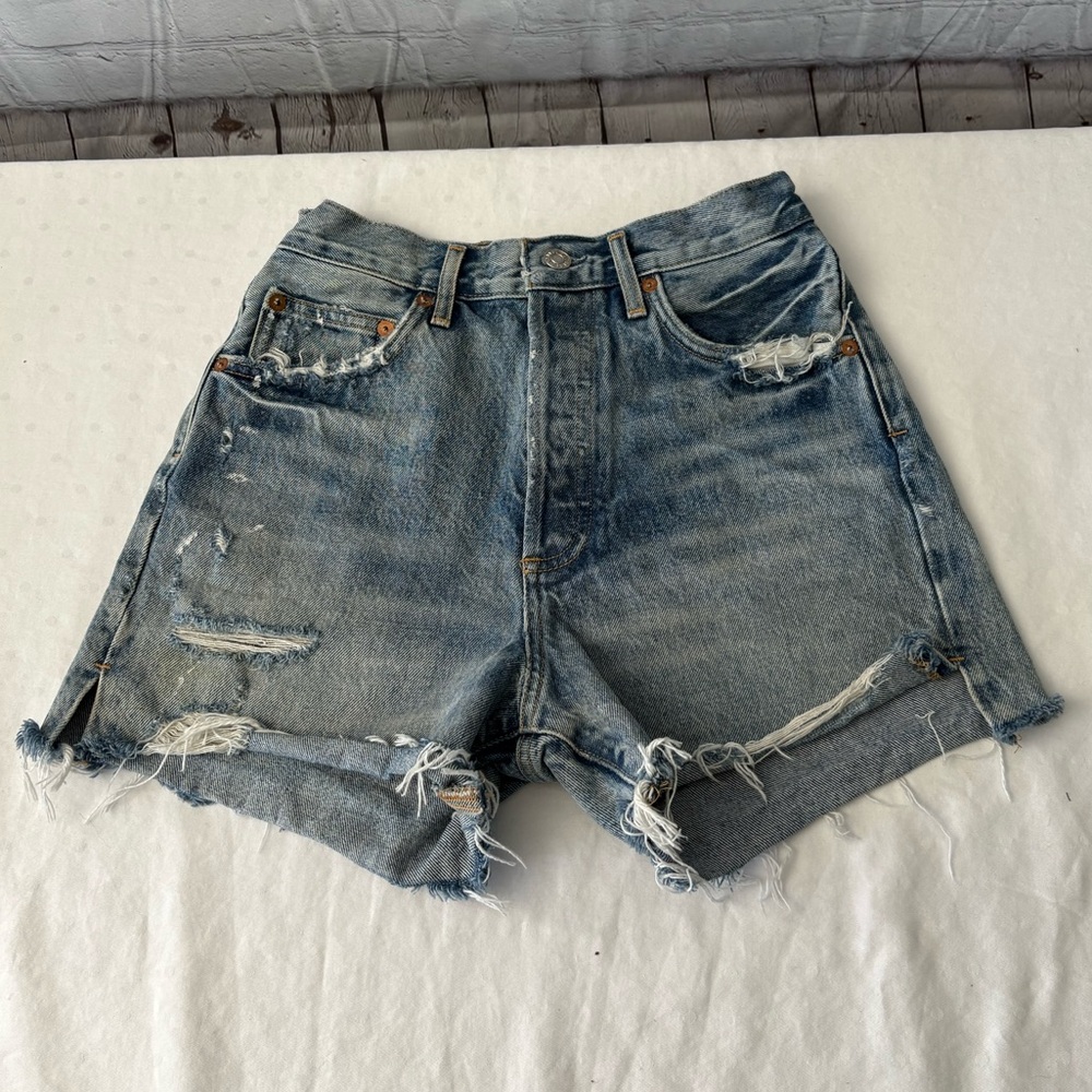 Agolde Button Fly Distressed Cut Off Denim Jean Shorts